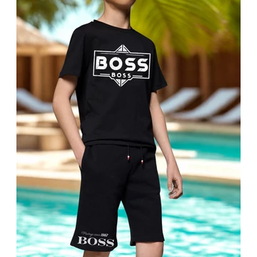 BOSS KID IRON fekete póló, rövid nadrág szett