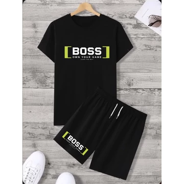 BOSS GRESS fekete póló, rövid nadrág szett