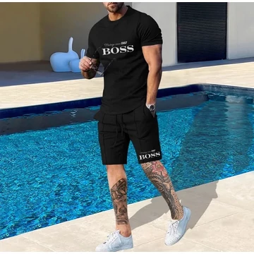 BOSS SILVER fekete póló, rövid nadrág szett