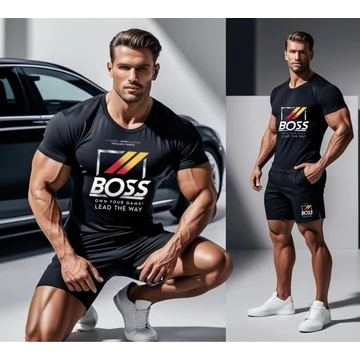 BOSS SUPERE fekete póló, rövid nadrág szett