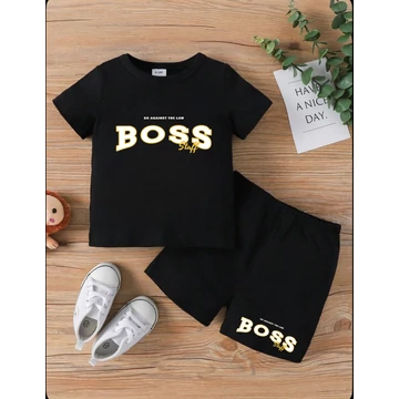 BOSS KID GOLD fekete póló, rövid nadrág szett