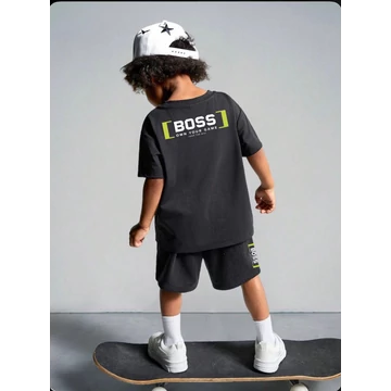 BOSS KID GRESS fekete póló, rövid nadrág szett