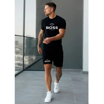 BOSS PLAY fekete póló, rövid nadrág szett