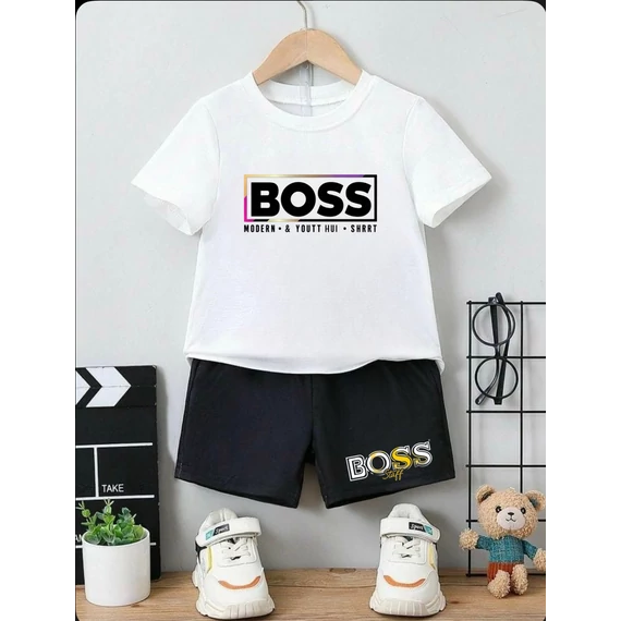 BOSS KID YOTH fehér póló, rövid nadrág szett