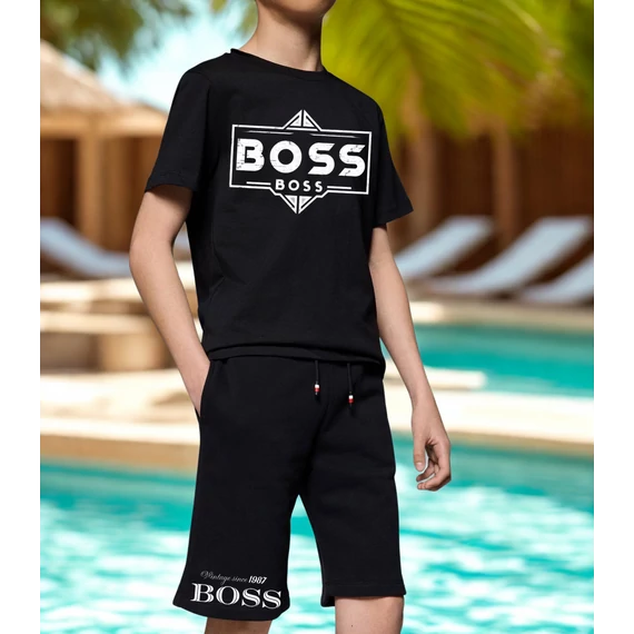 BOSS KID IRON fekete póló, rövid nadrág szett