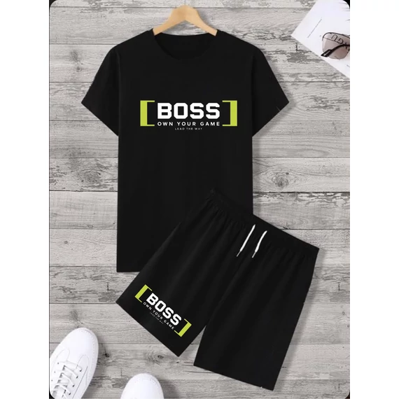 BOSS GRESS fekete póló, rövid nadrág szett