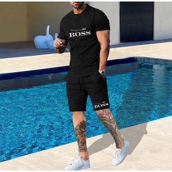 BOSS SILVER fekete póló, rövid nadrág szett