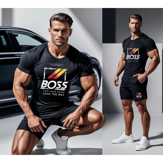 BOSS SUPERE fekete póló, rövid nadrág szett