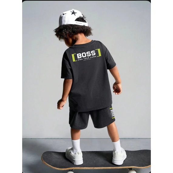 BOSS KID GRESS fekete póló, rövid nadrág szett