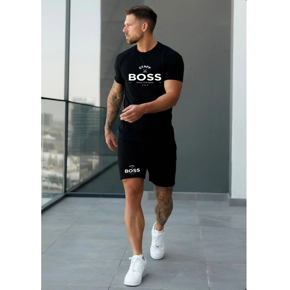 BOSS PLAY fekete póló, rövid nadrág szett